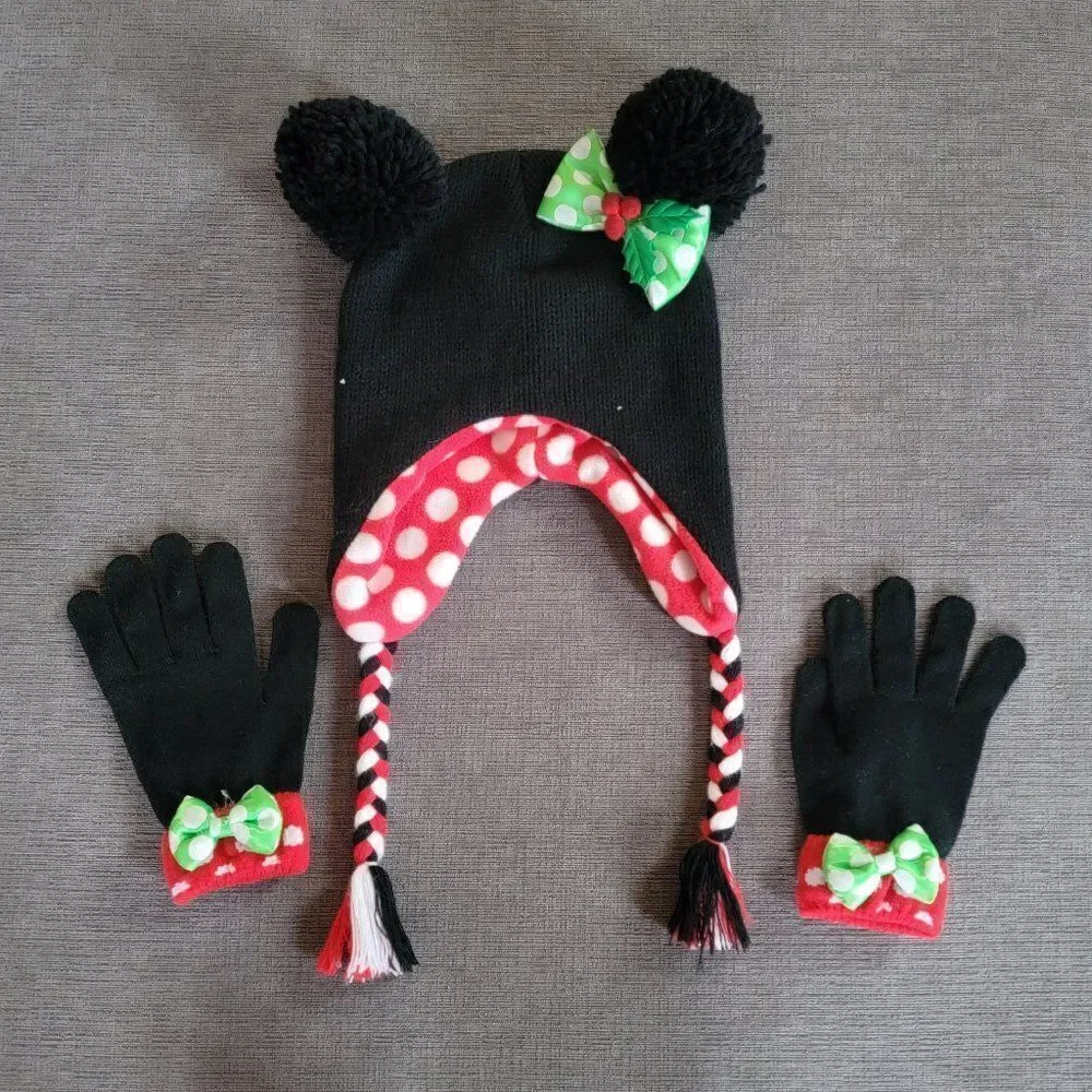 Disney Kid's Girl Red & Black Christmas Cold Weather Minnie Mouse Hat & …